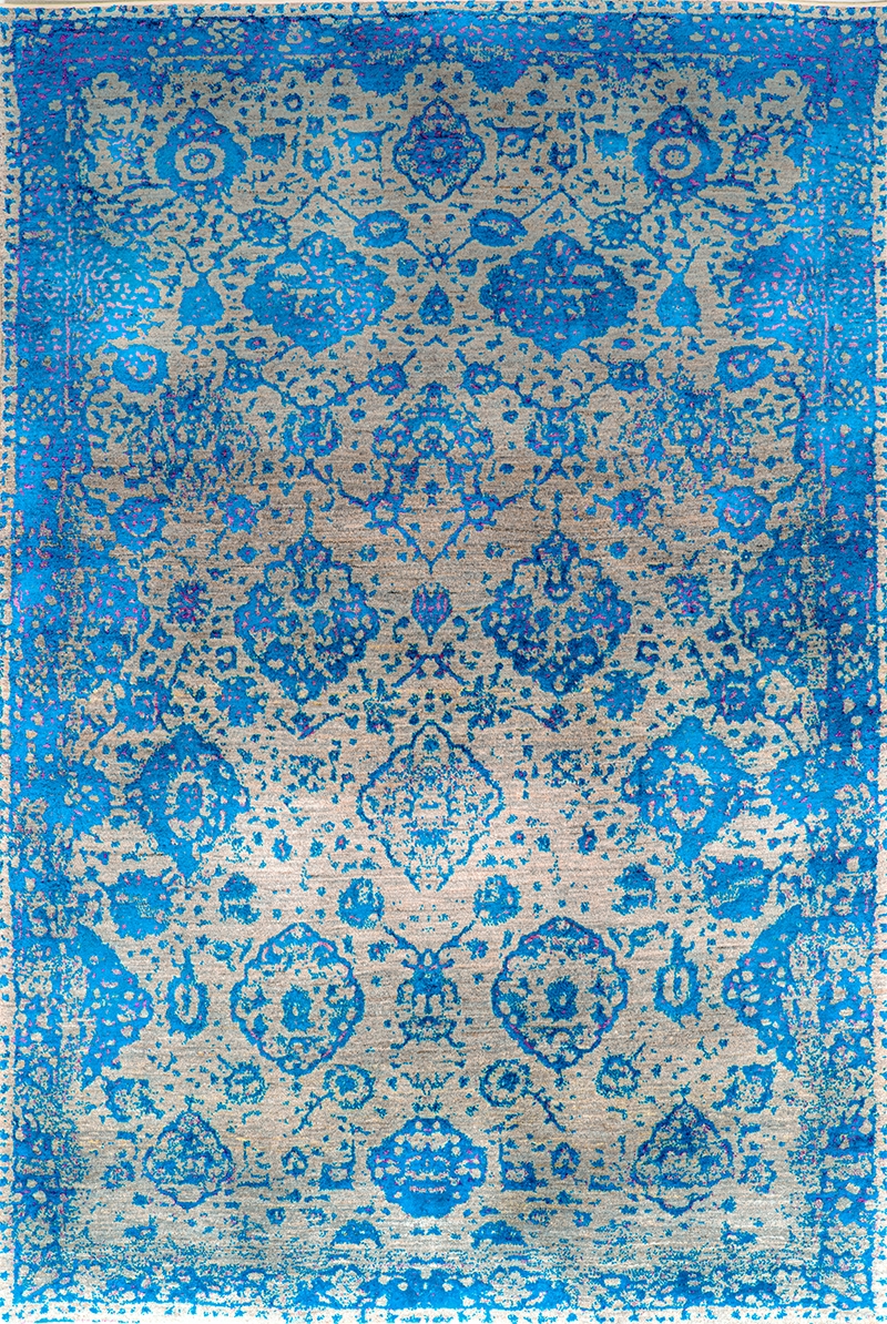 Abrashed Floral Cartouches in Blue on Silver Grey Zollanvari Studio 166 x 248cm
