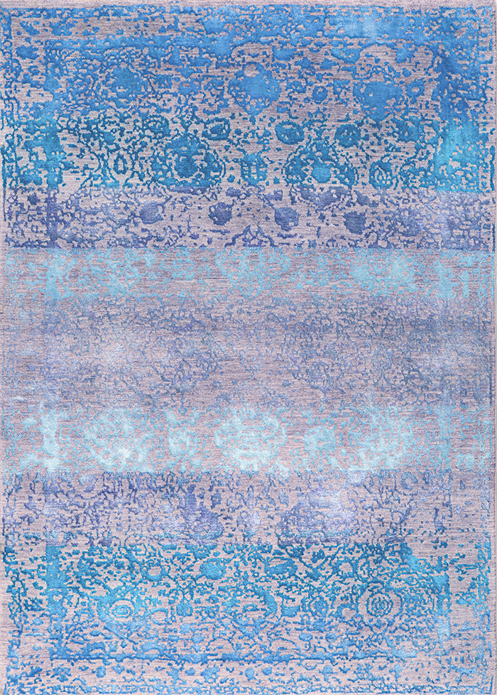 Abrashed Floral Cartouches in Turquoise Blue on Silver Grey Zollanvari Studio ZSFG Wool Silk210 x 292cm